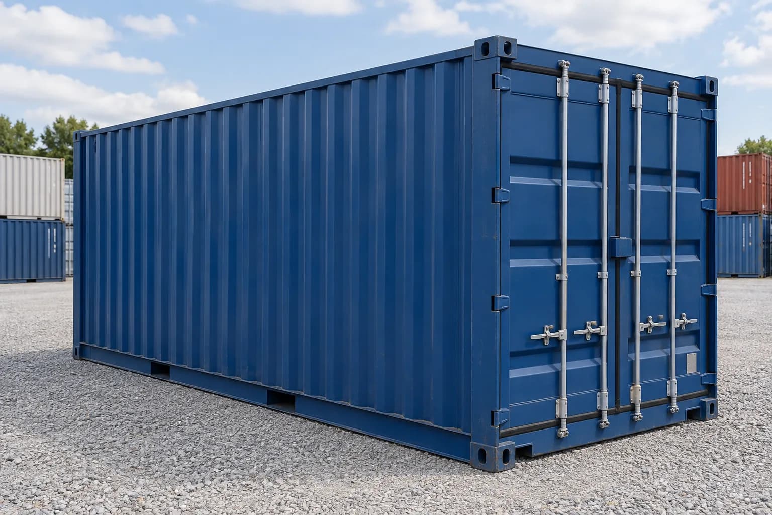 Illustration of a shipping container on level ground beside greenery