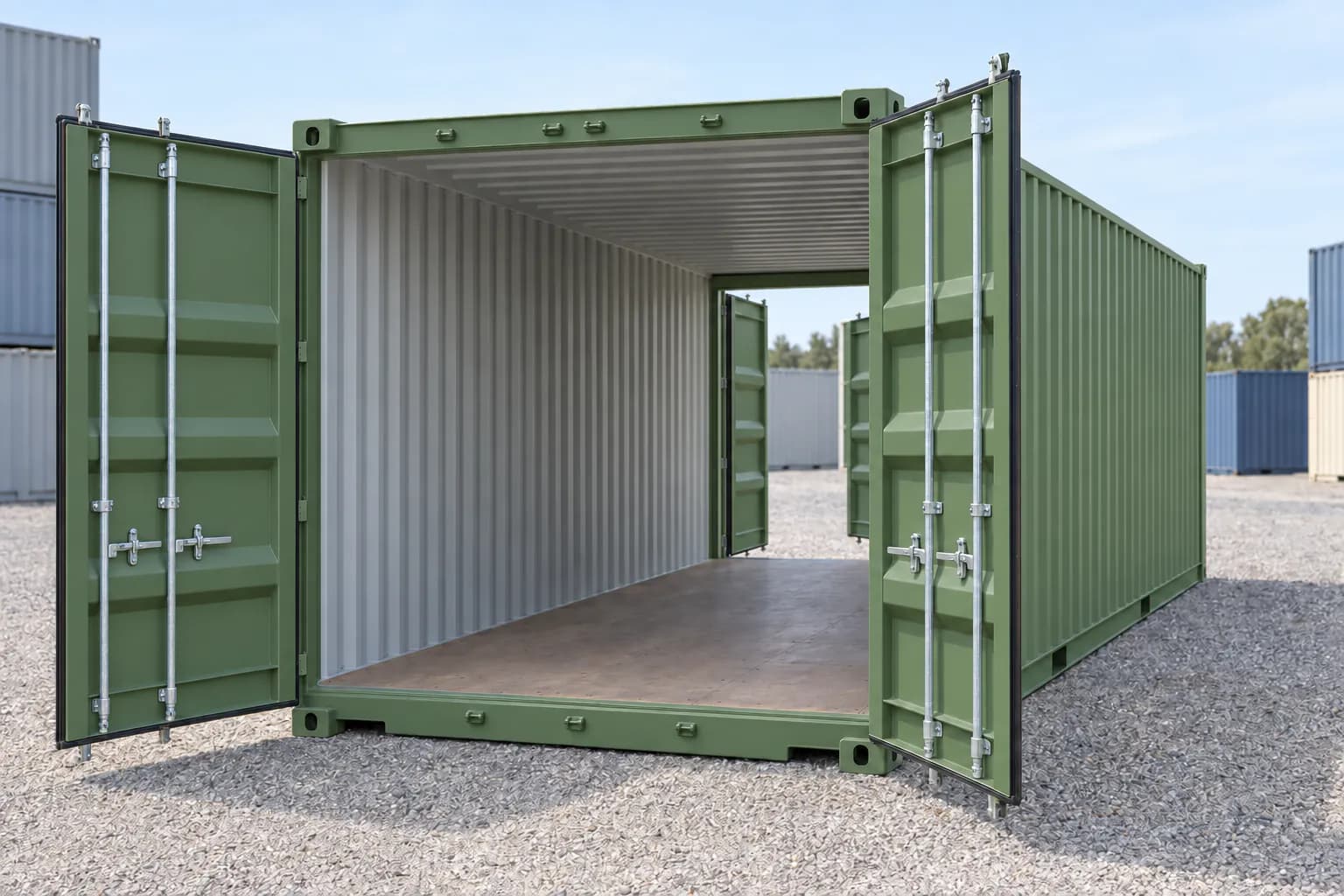 One-trip 20ft double door shipping container, reseda green RAL 6011