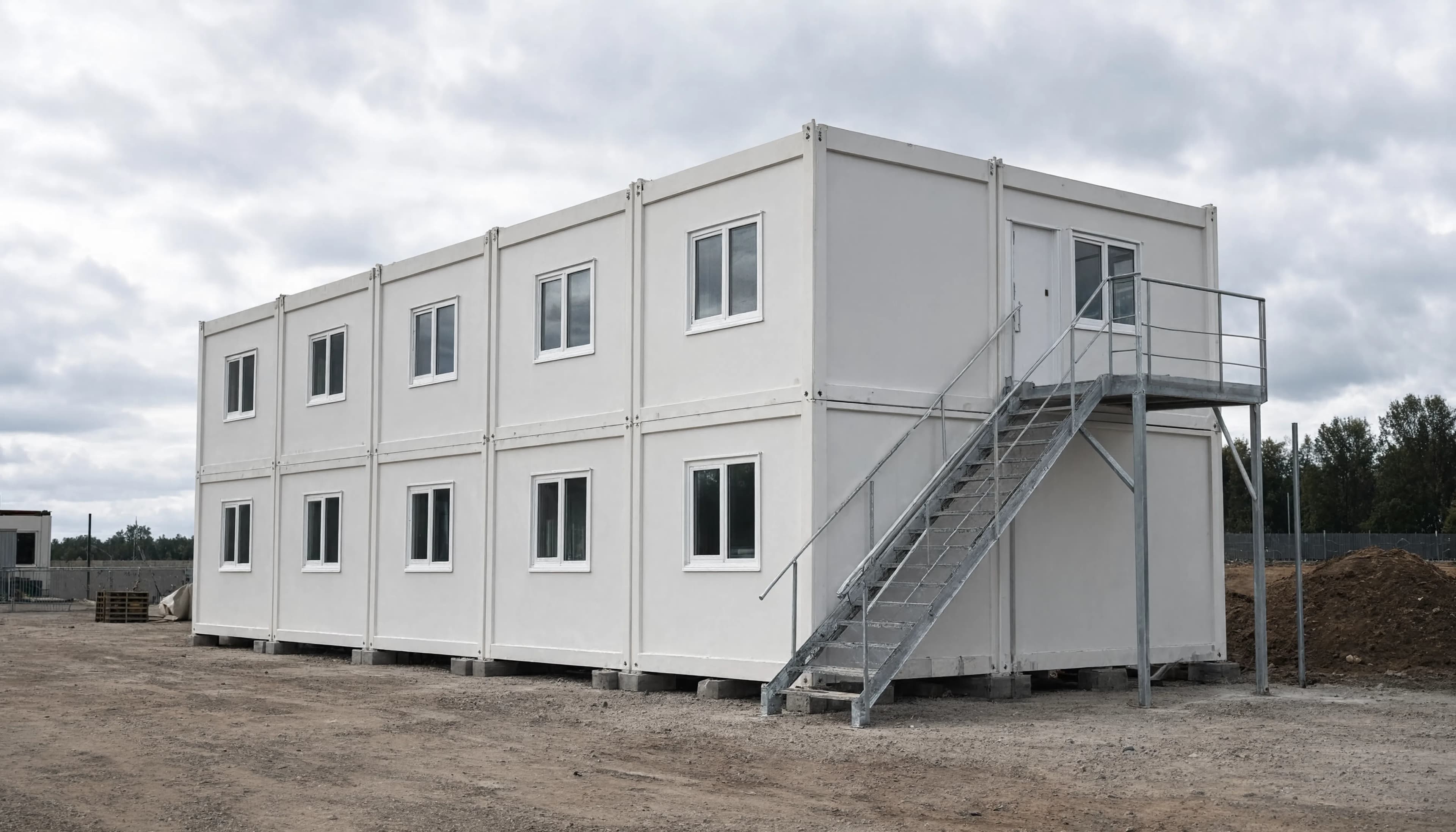Illustration of modular jobsite facilities with offices and external staircase on site