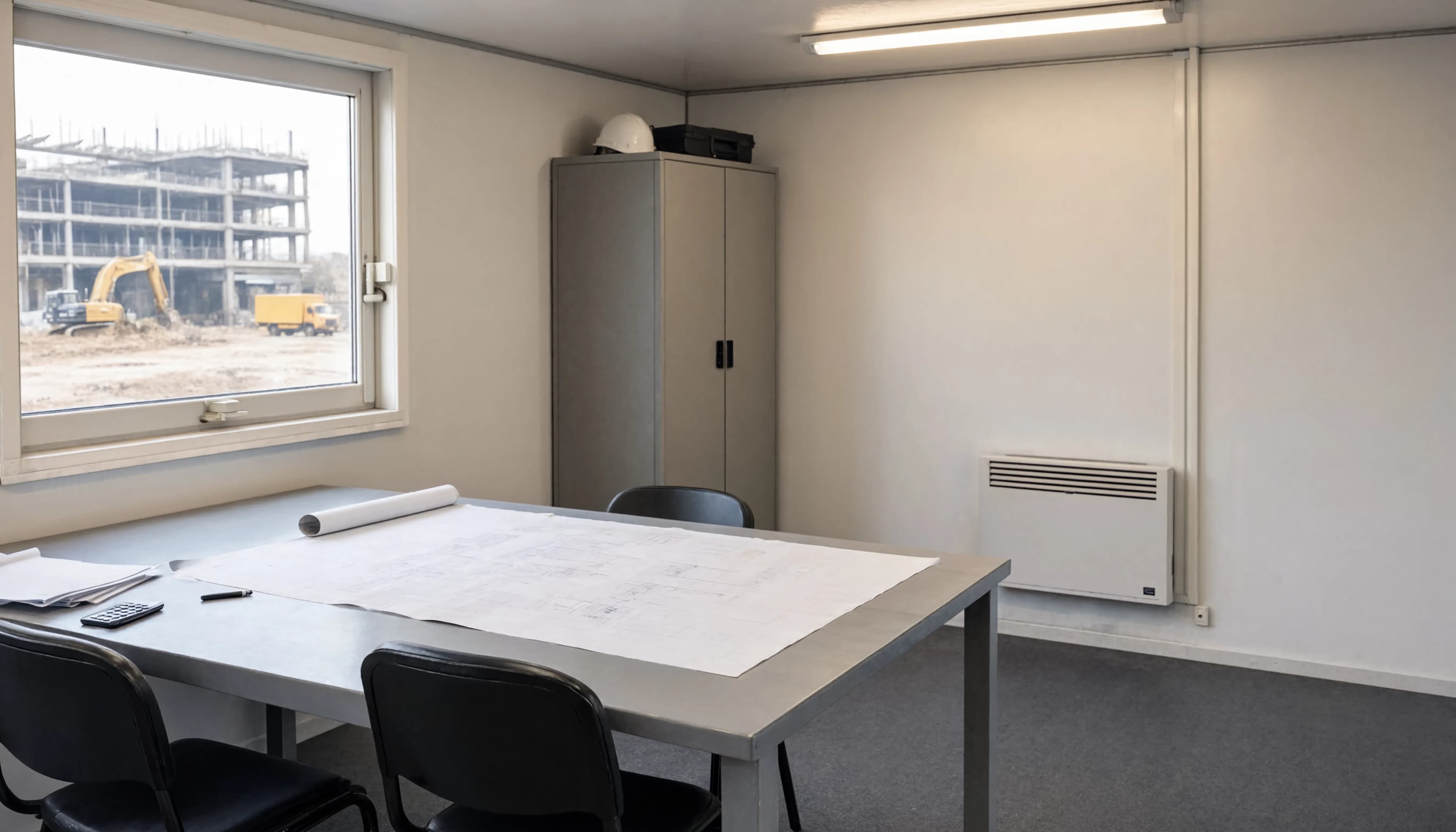 Illustration of a furnished job-site office with a desk, heating and a view of a construction site.