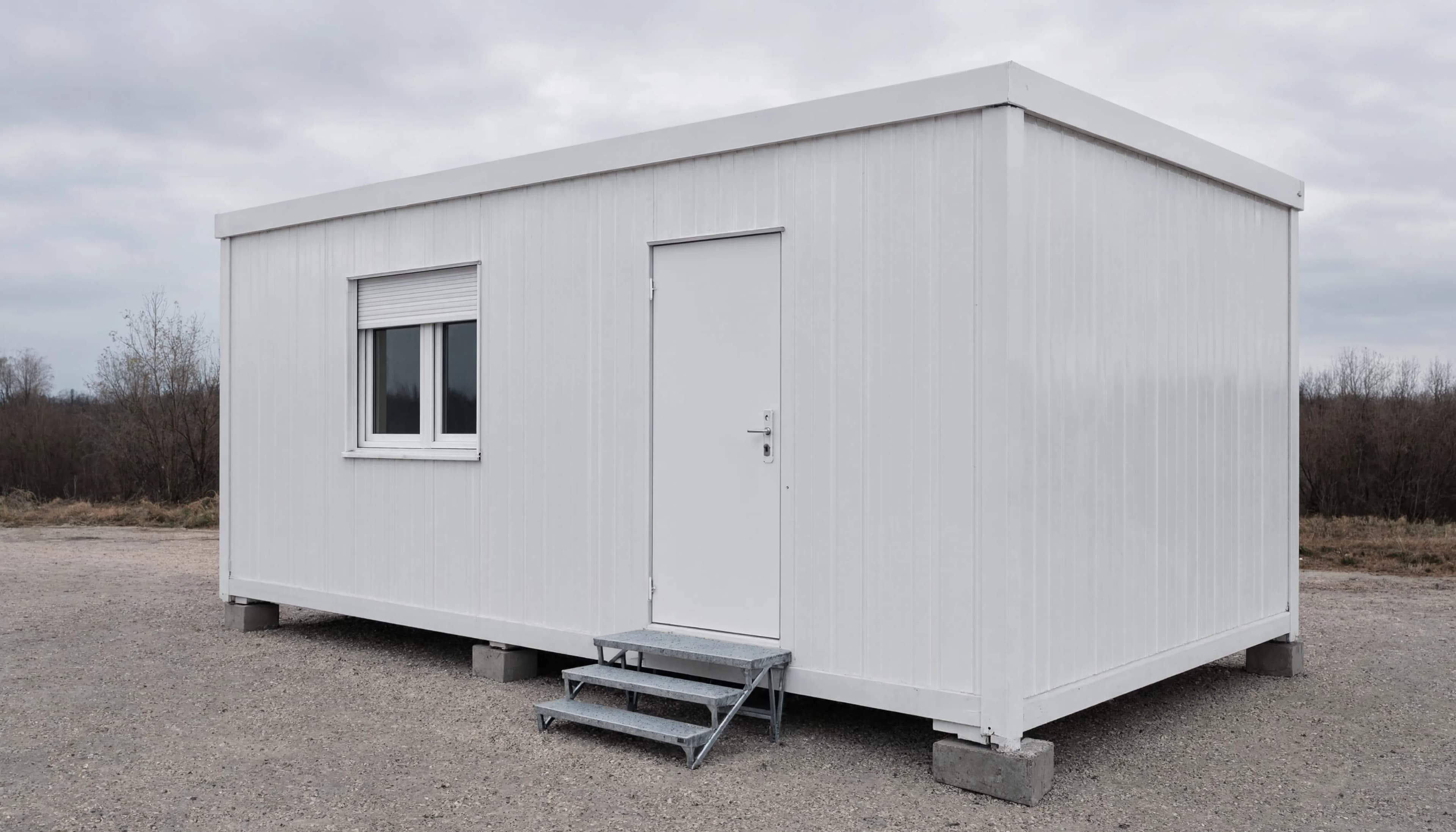 Illustration of a single portable building with a door and a window, placed on supports
