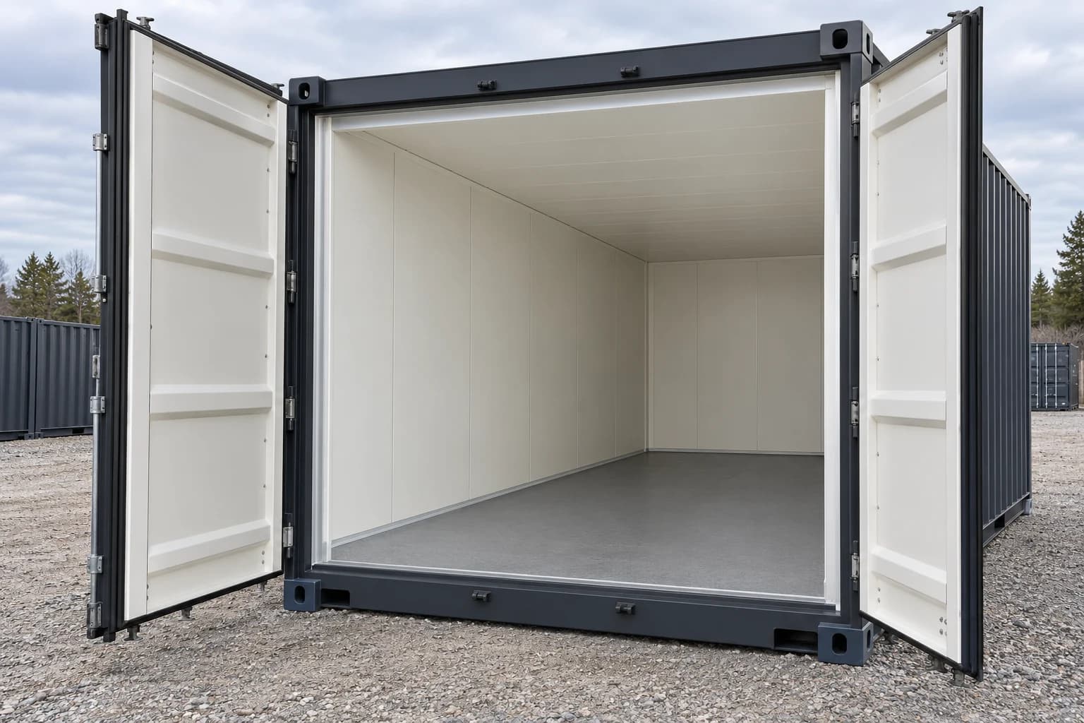 Illustration of an insulated shipping container with open doors, lined walls and ceiling, and a sealed floor