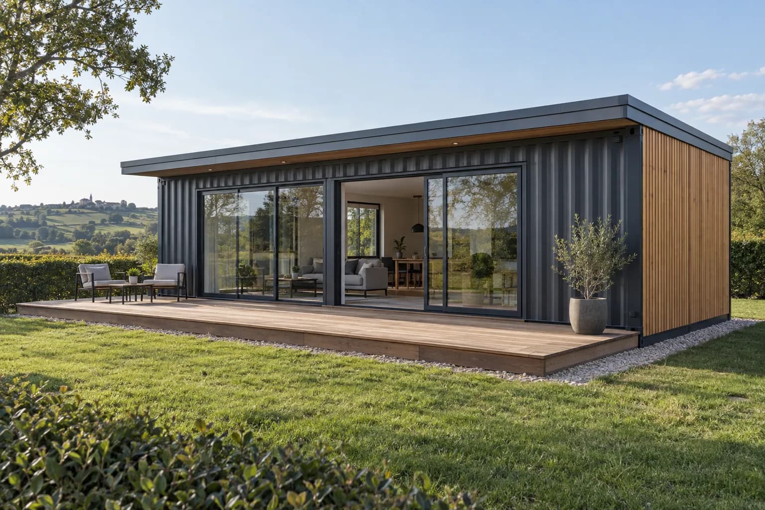 Illustration of a single-storey container home in anthracite grey containers, with large glazed openings, timber cladding and a terrace on a plot in the countryside