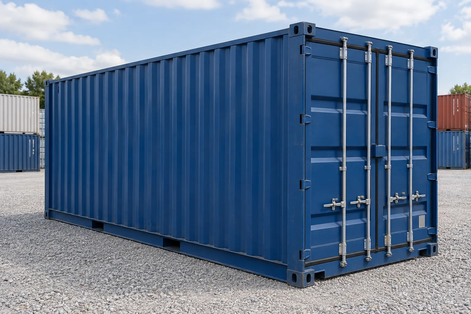 Blue shipping container on firm ground