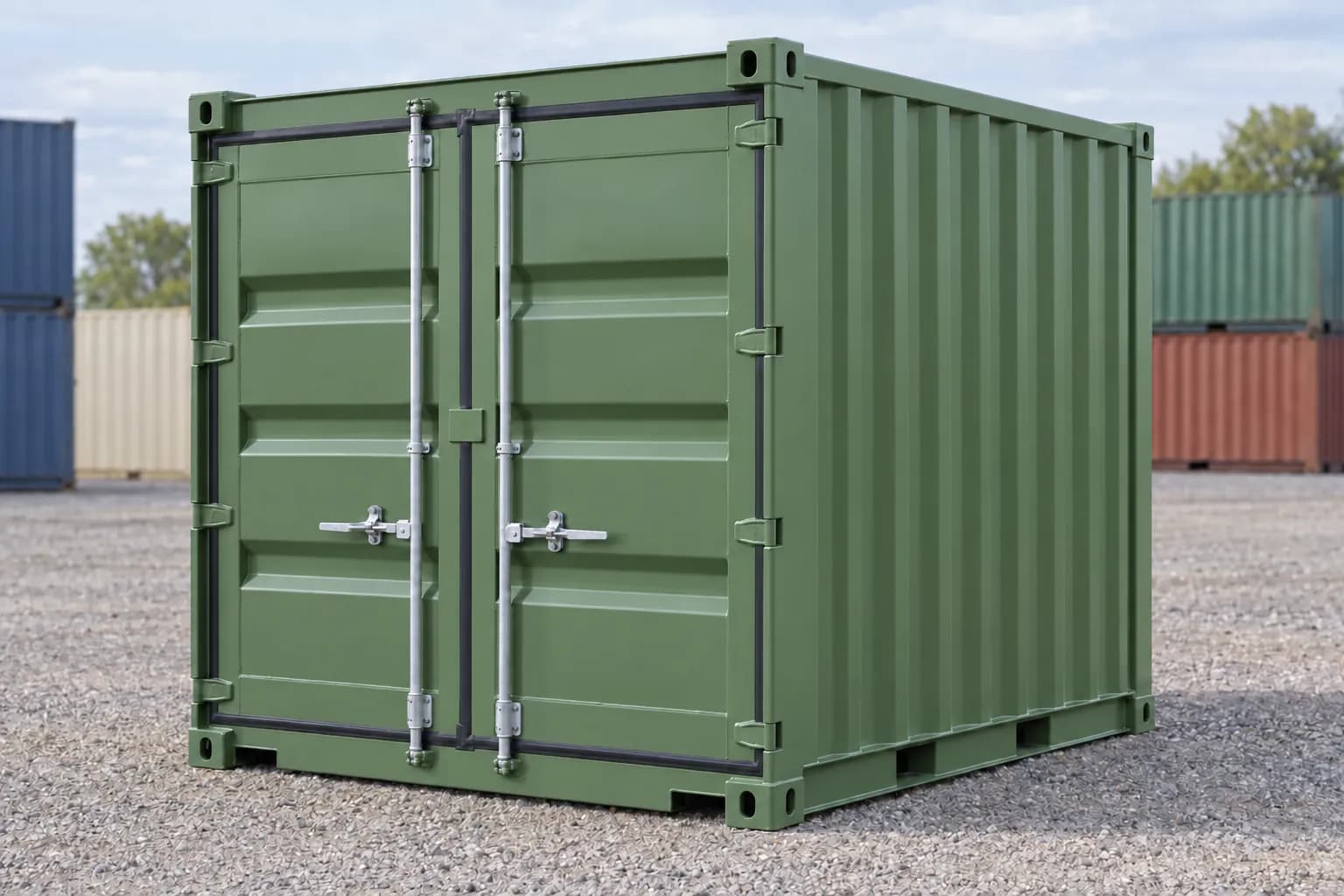 10ft new (one-trip) shipping container, reseda green RAL 6011