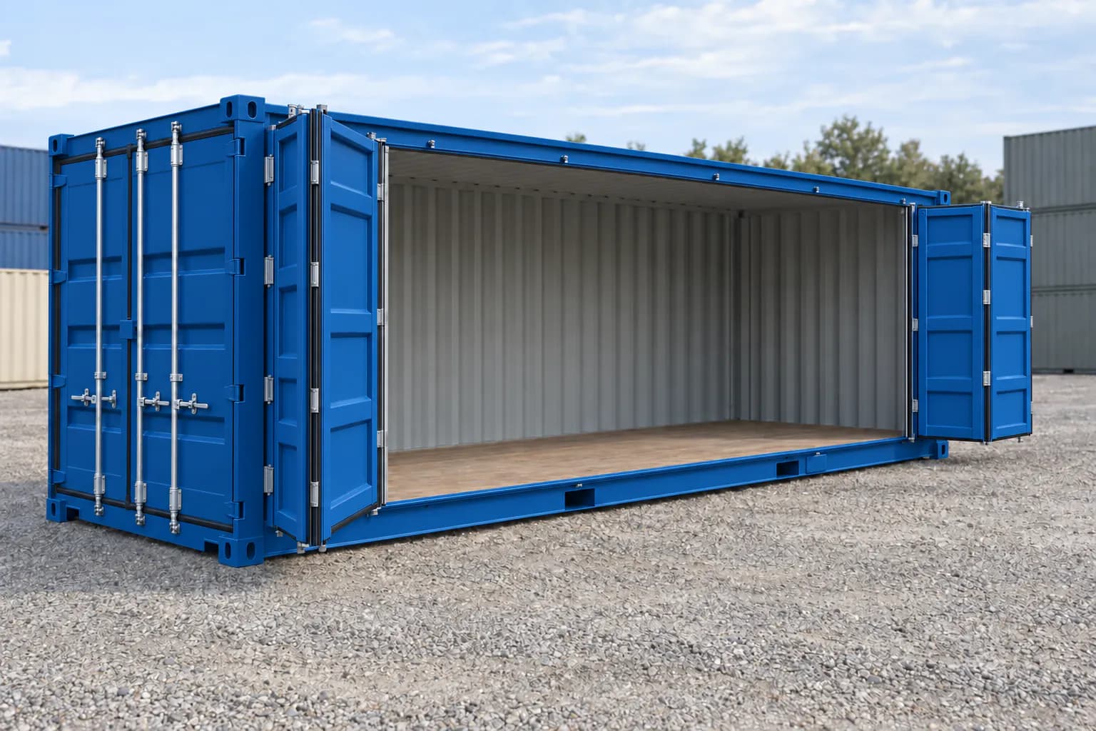 One-trip 20ft Open Side container (side opening), gentian blue RAL 5010