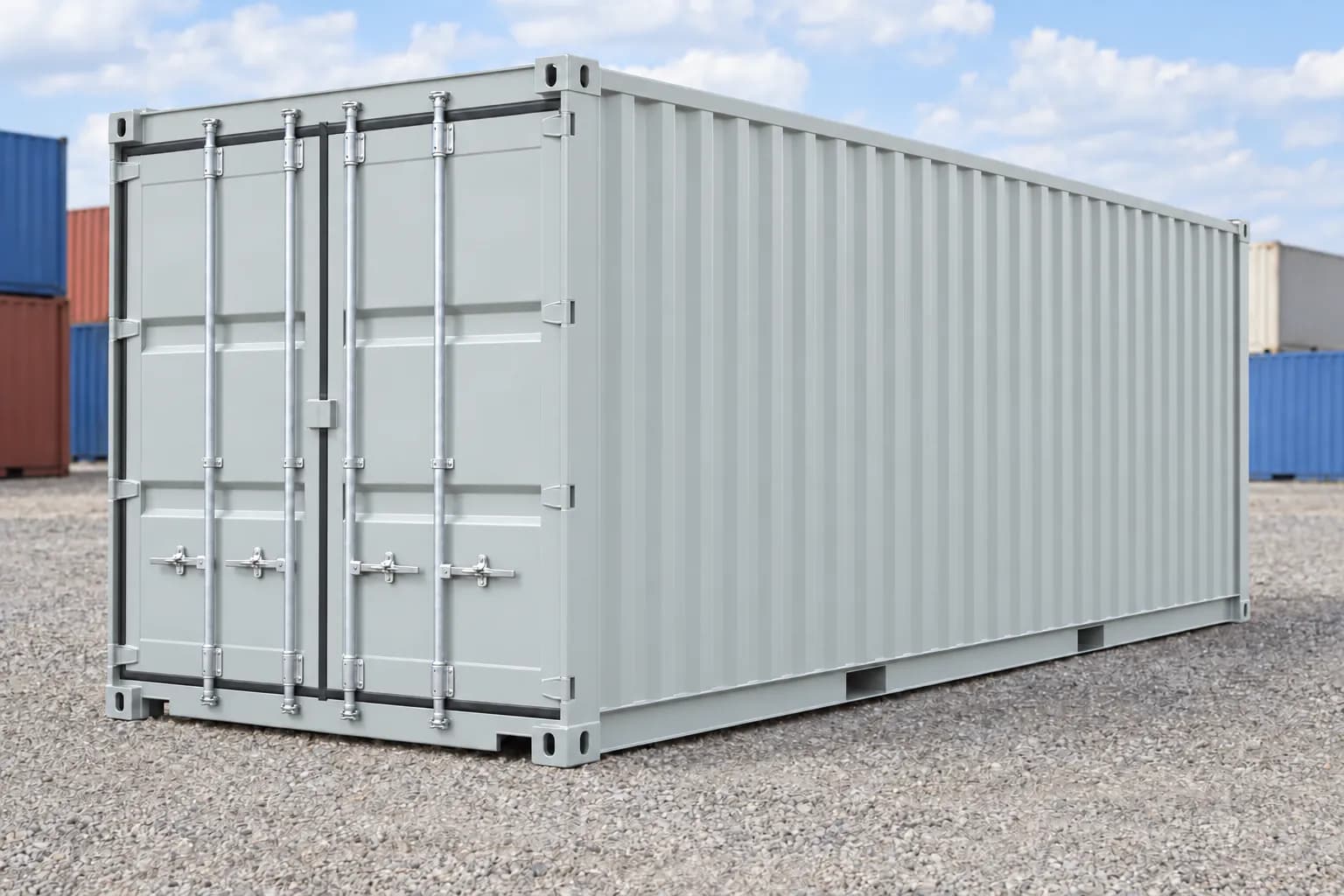 New 20ft shipping container — never used, light gray RAL 7035