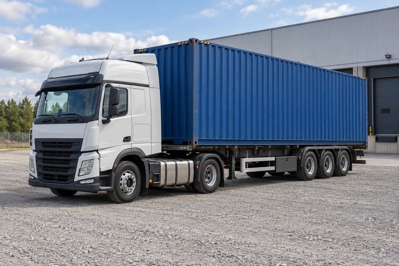Truck carrying a container in a level delivery area