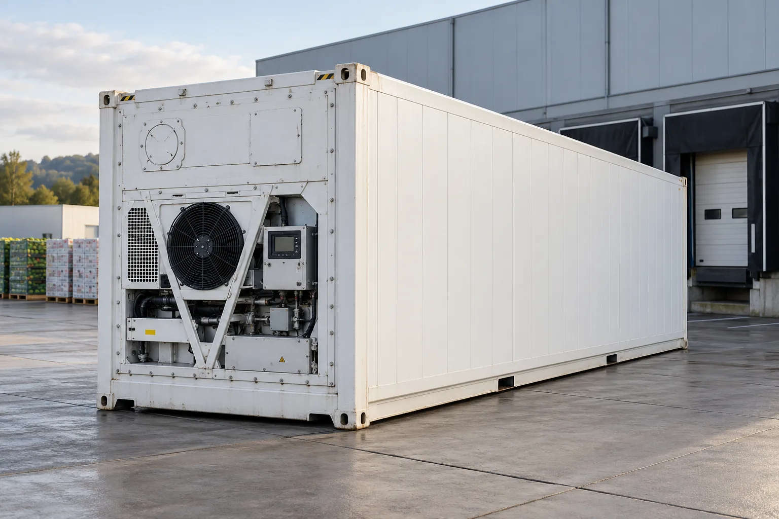 White refrigerated container with a refrigeration unit