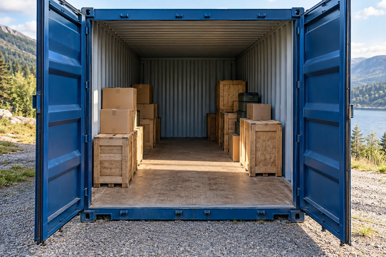 Open storage container with neatly arranged contents