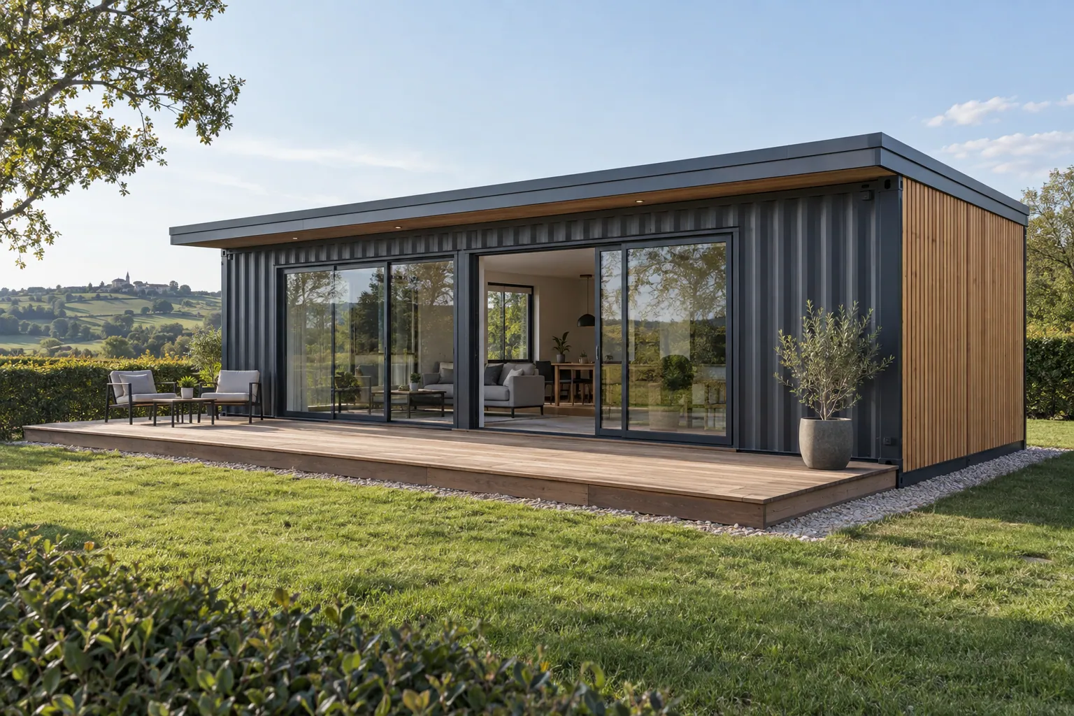 Illustration of a single-story container home in anthracite gray containers, with large glazed openings, timber cladding and a terrace on a plot in the countryside
