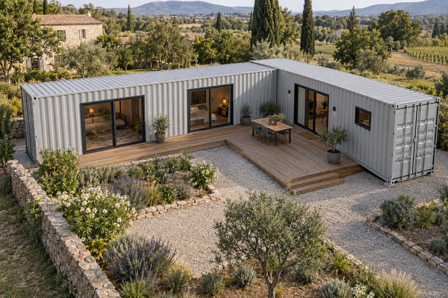 Top view illustration of an L-shaped container home, light gray containers around a timber terrace, in a Mediterranean garden