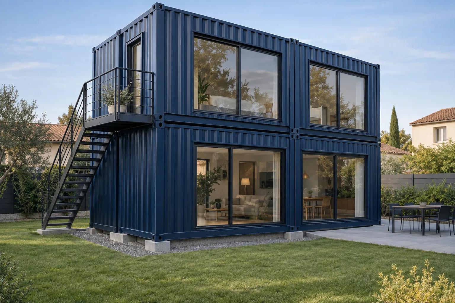 Illustration of a two-story container home, dark blue stacked containers, large windows, external metal staircase and balcony, on a plot in a residential development