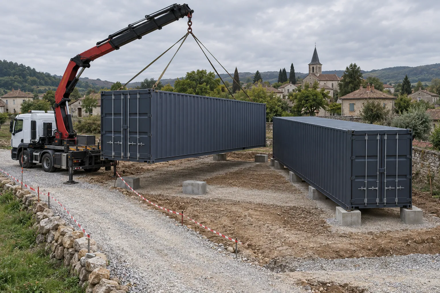 Illustration of delivery of a container to a building plot: a truck-mounted crane lowers it onto concrete foundation pads, a second container is already in place